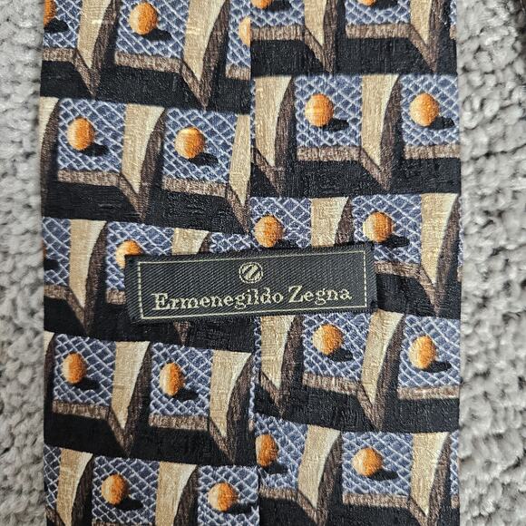 Ermenegildo Zegna Necktie 100% Silk Made In Italy Geometric 56" Black - Picture 4 of 9